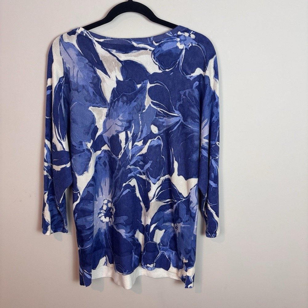 Chico's Womens Blue Floral 3/4 Sleeve Cashmere Blend Tunic Sweater sz 2/Large - Picture 7 of 10